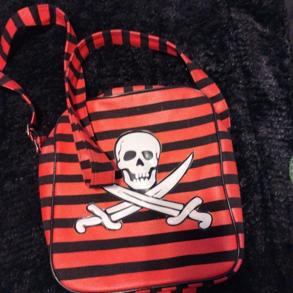 Red and Black Striped Skull Crossbones Bag